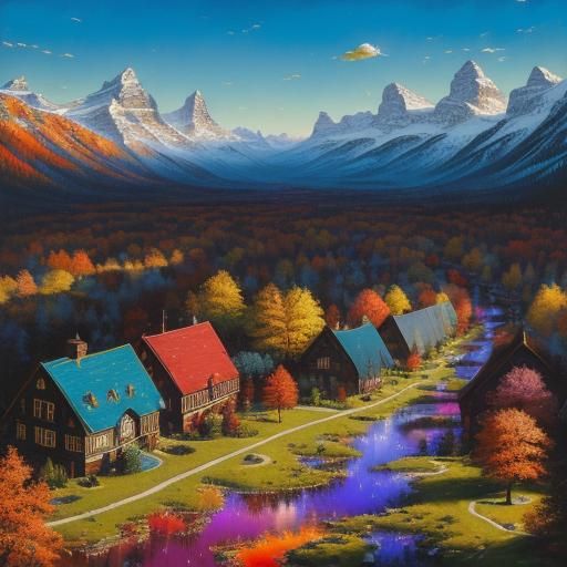 Sunny Village Cottages in Expressionistic Abstract Art