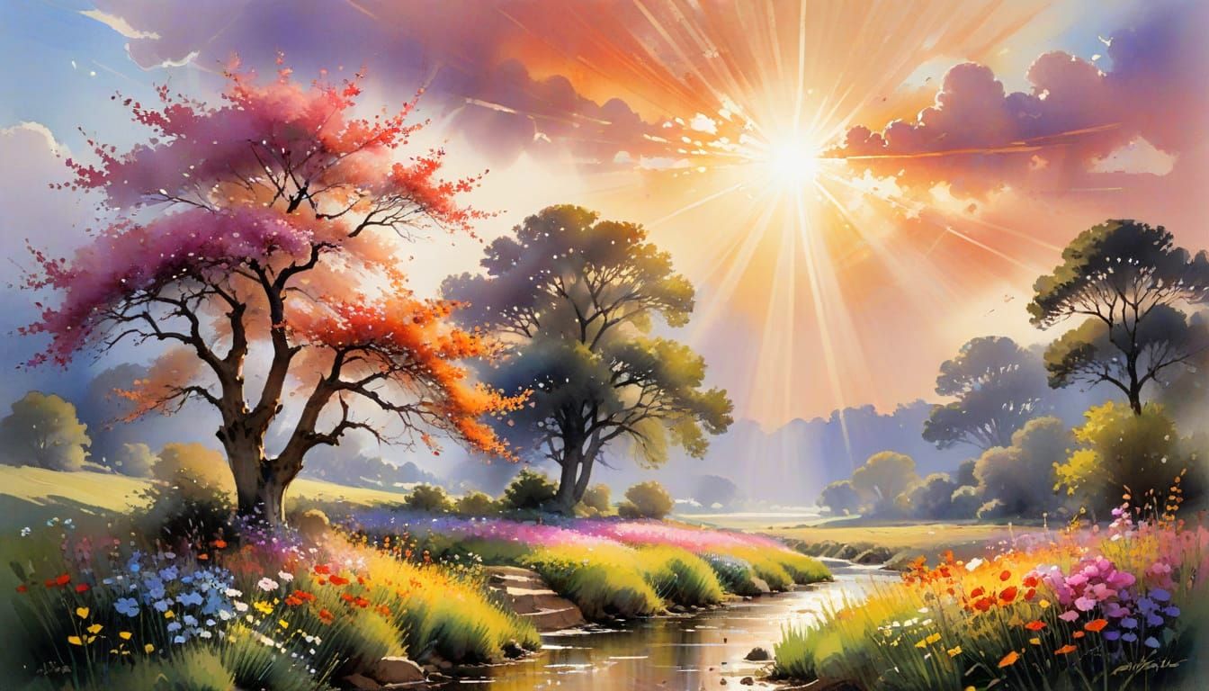Surreal Landscape with Vibrant Blooms and Crepuscular Glow