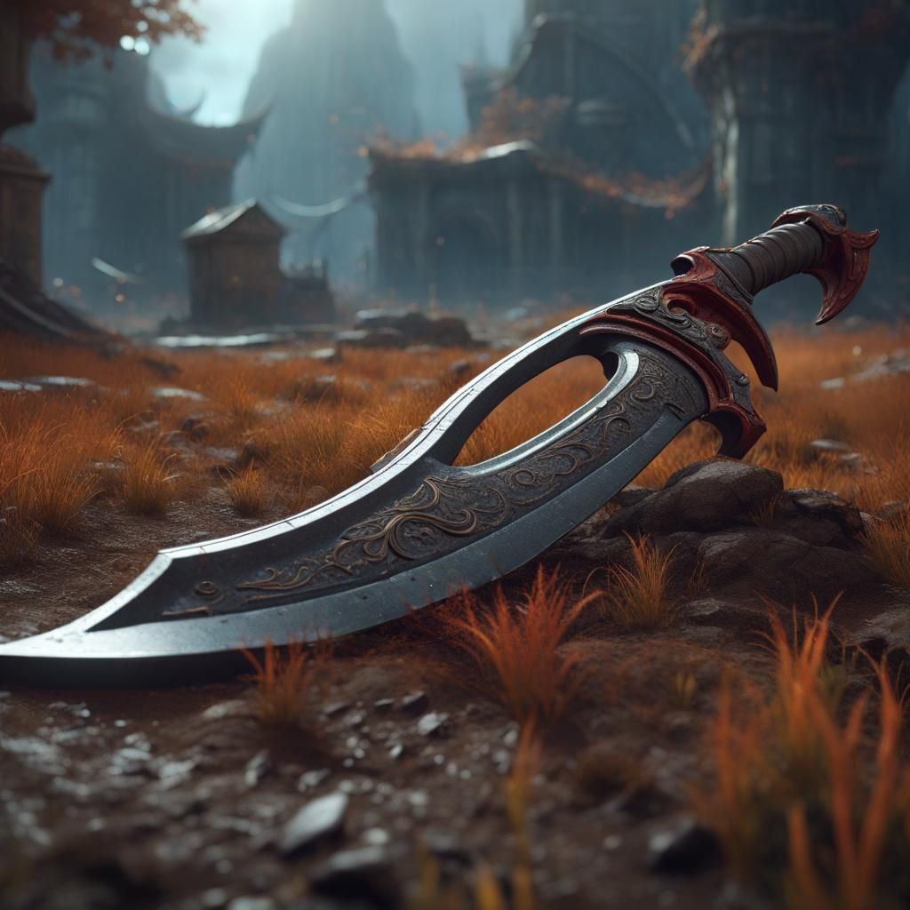 Scythe on Ground in Detailed Matte Painting Style