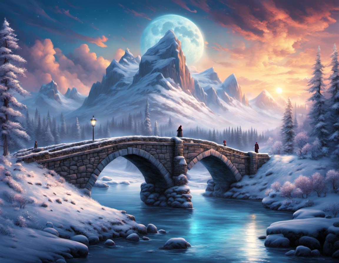 Majestic Stone Bridge in Fantastical Winter Wonderland