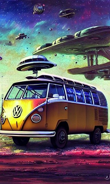 Post-Apocalyptic VW Bus: Astral Oil Painting