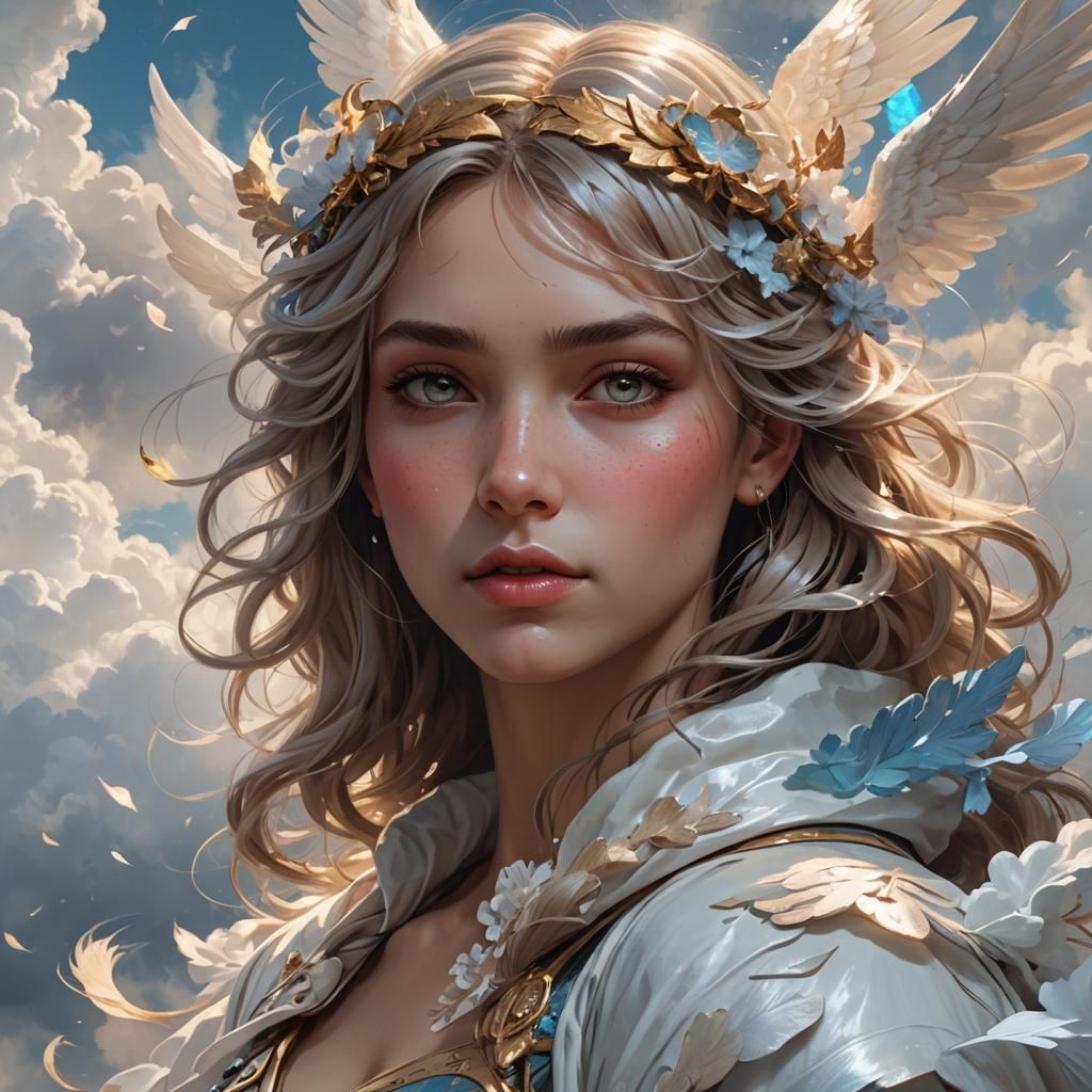Angelic Figure Soaring Through Clouds: Digital Art