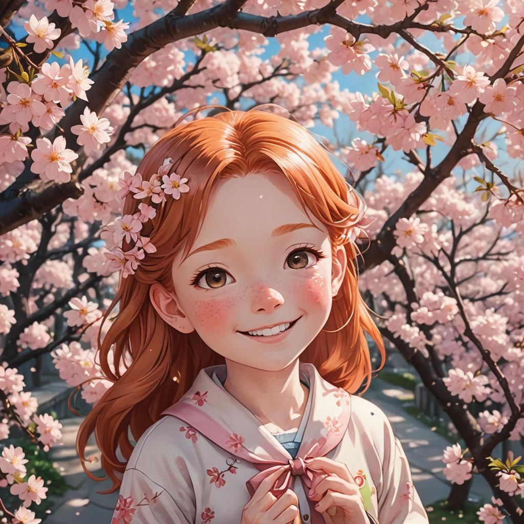 Smiling Ginger Girl Surrounded by Cherry Blossoms