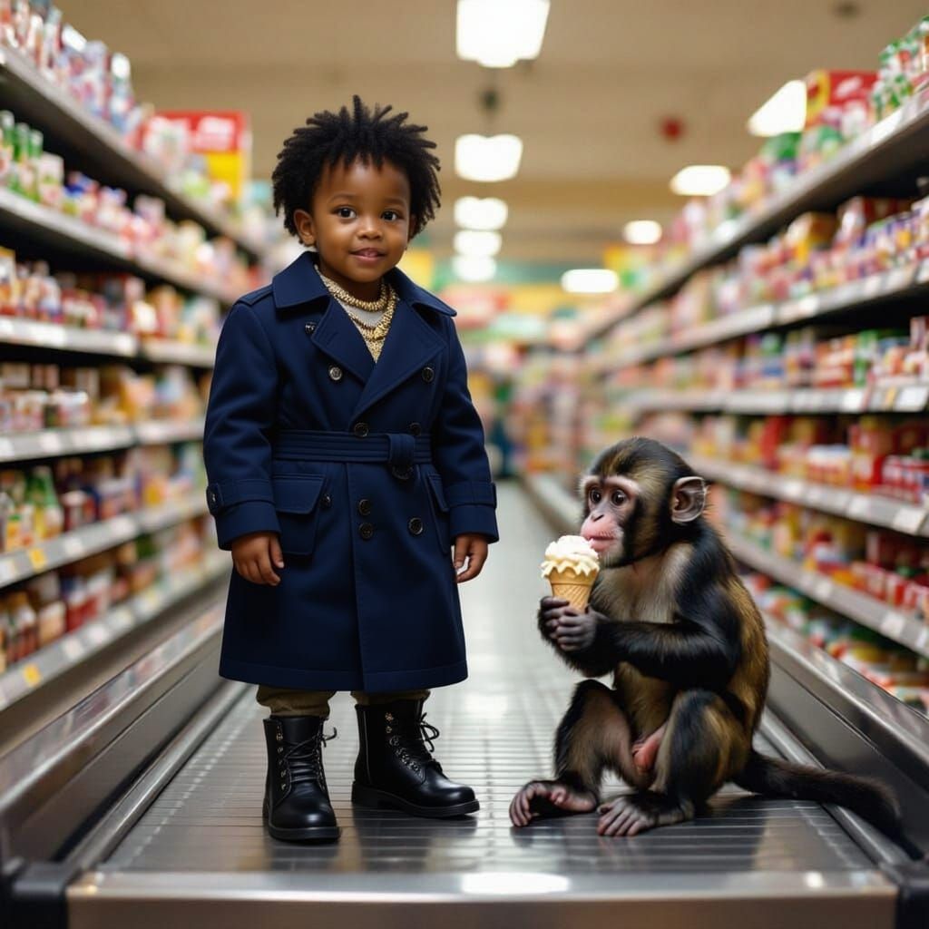 Stylish Boy with Monkey in Grocery Store