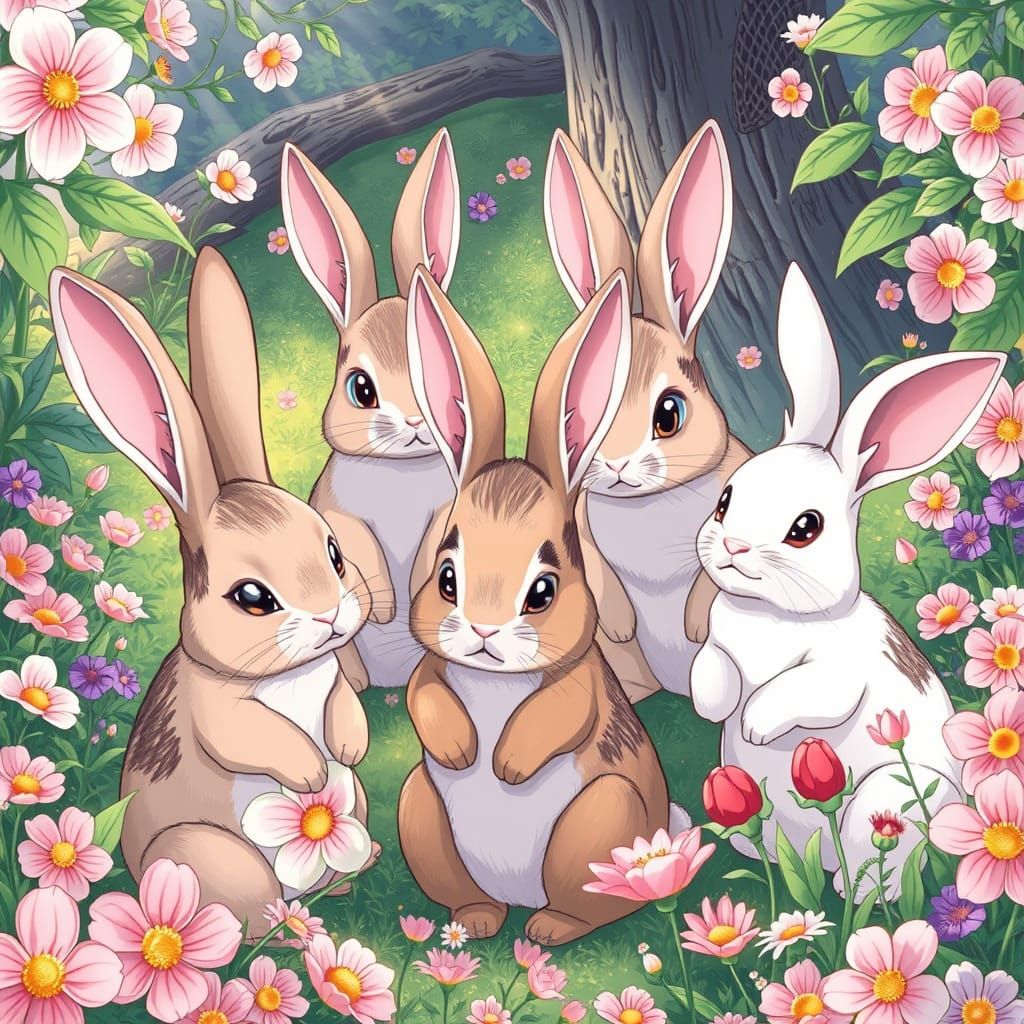 Vibrant Whimsical Hare Gathering in Anime Style