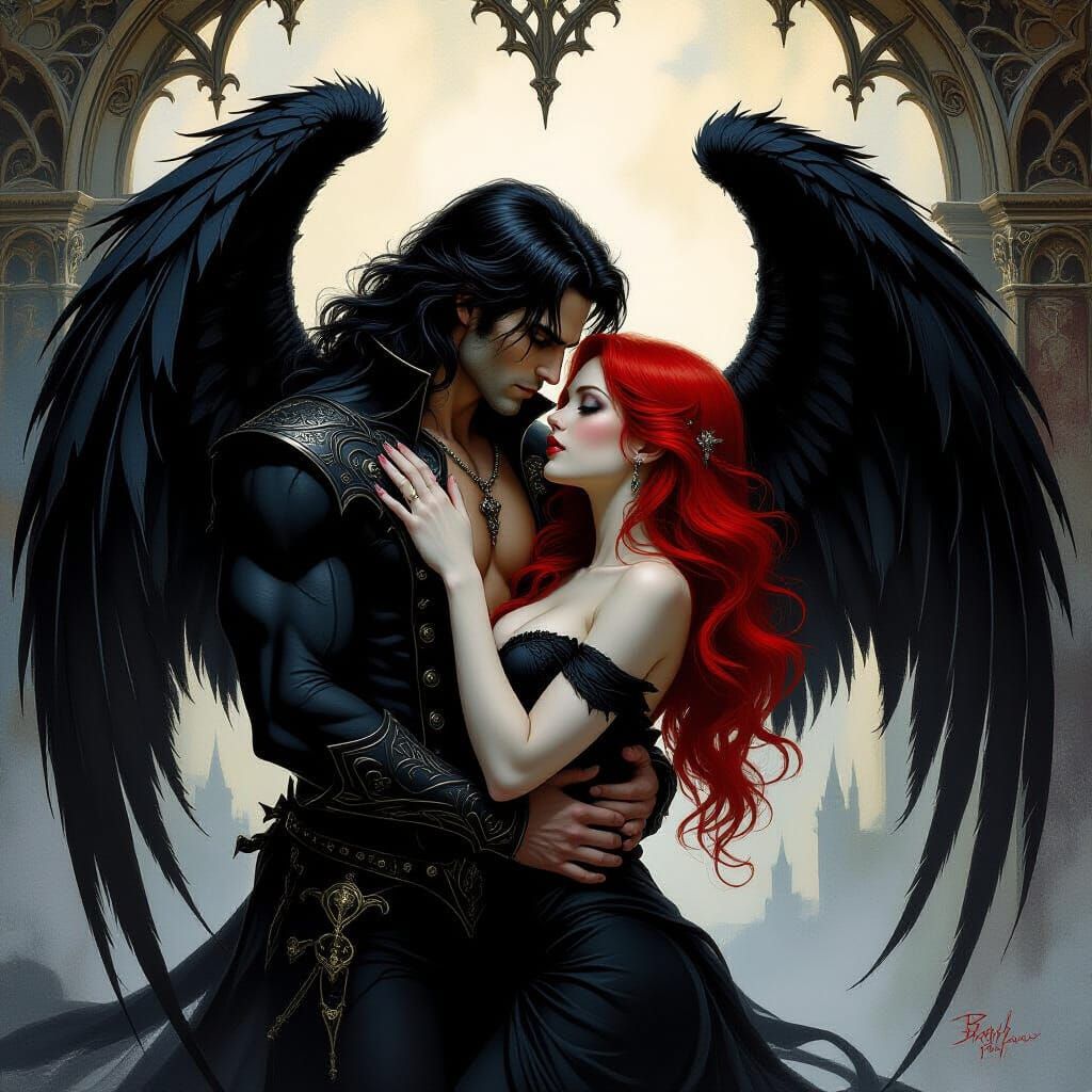 Dark Angel Seduces Mortal Woman in Gothic Fantasy