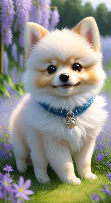 cartoon style, photo-realism, intricate stunning highly detailed fantasy of cute fluffy cheerful puppy Pomeranian in ful...