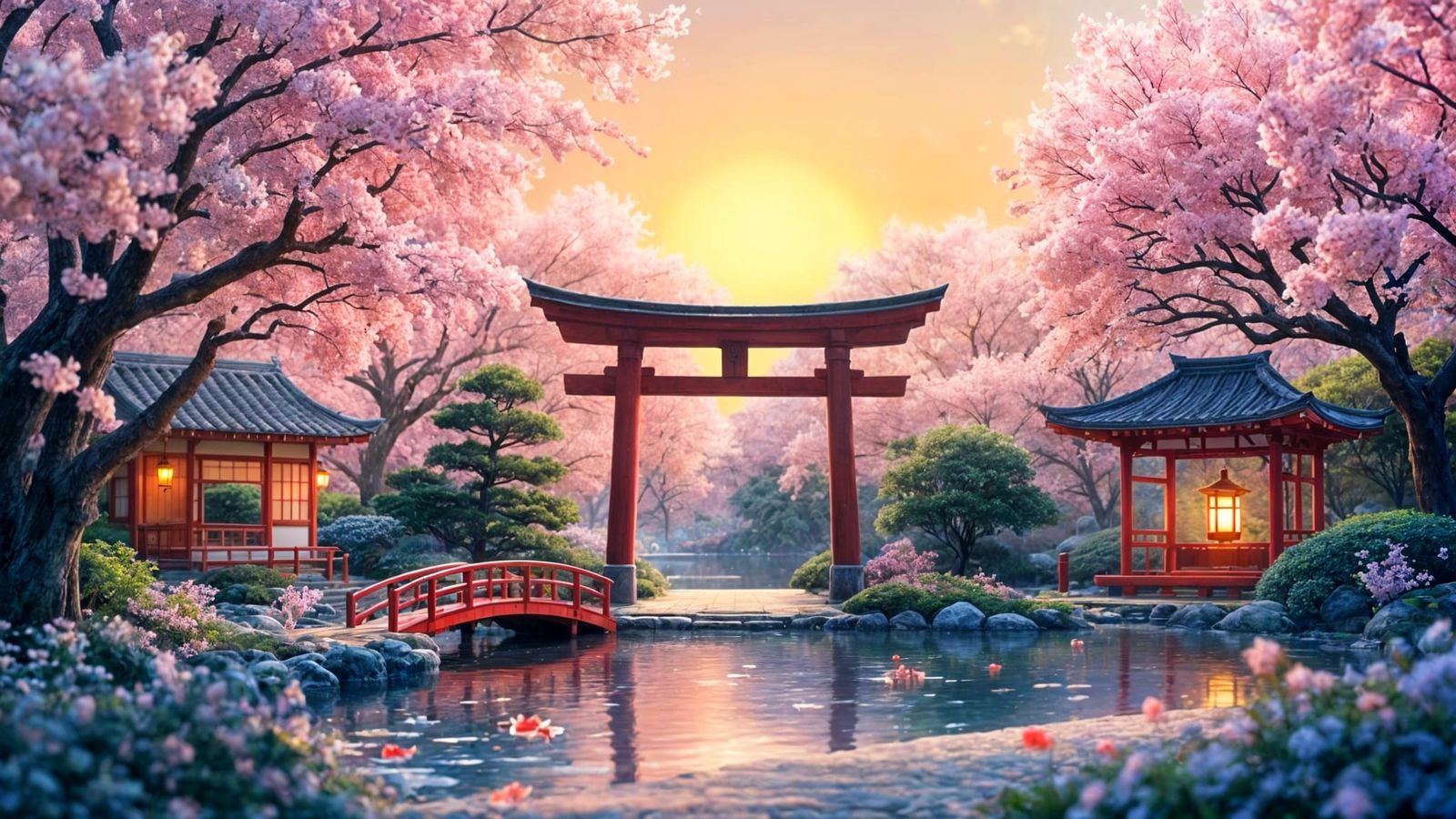 Tranquil Japanese Garden with Sakura and Torii