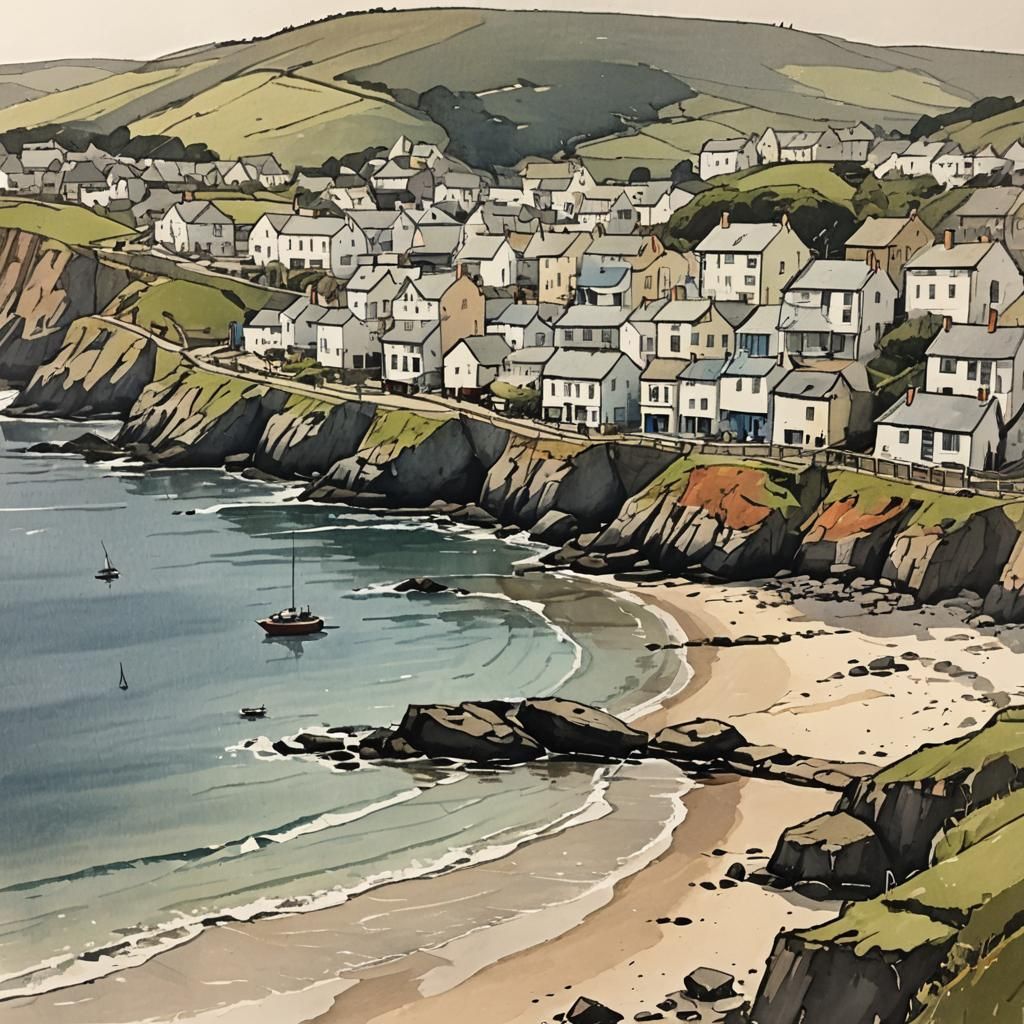Vibrant Coastal Town Sketch in Loose Watercolors