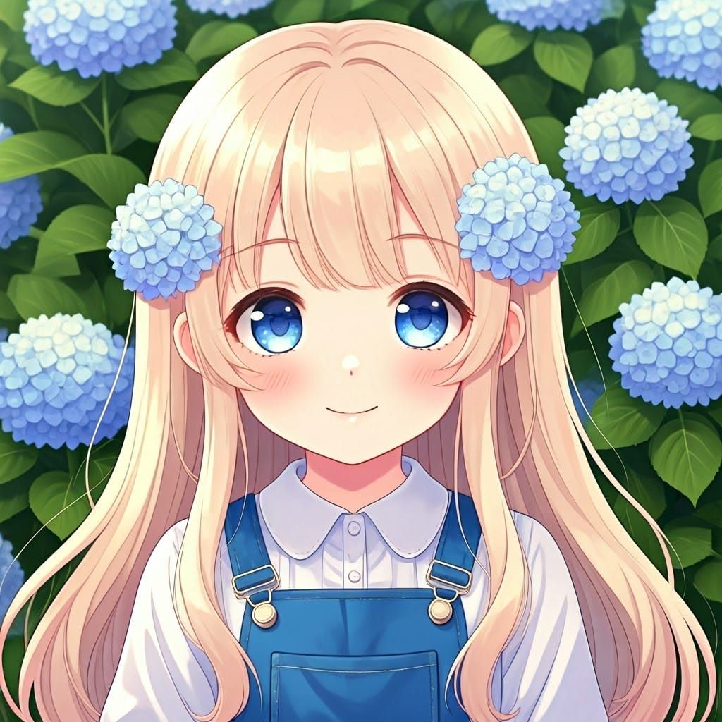Cute Girl in Hydrangea Field, Anime Style