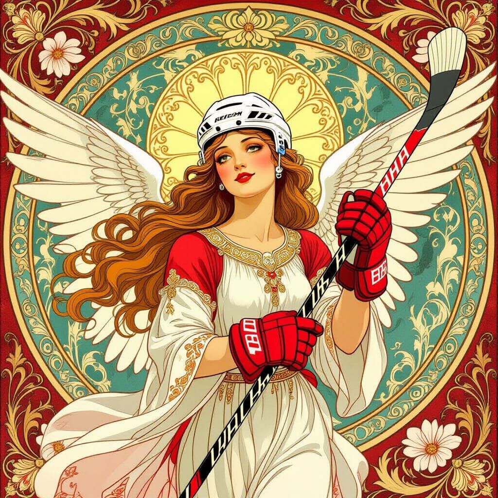 Art Nouveau Angel in Hockey Gear, Mucha Style