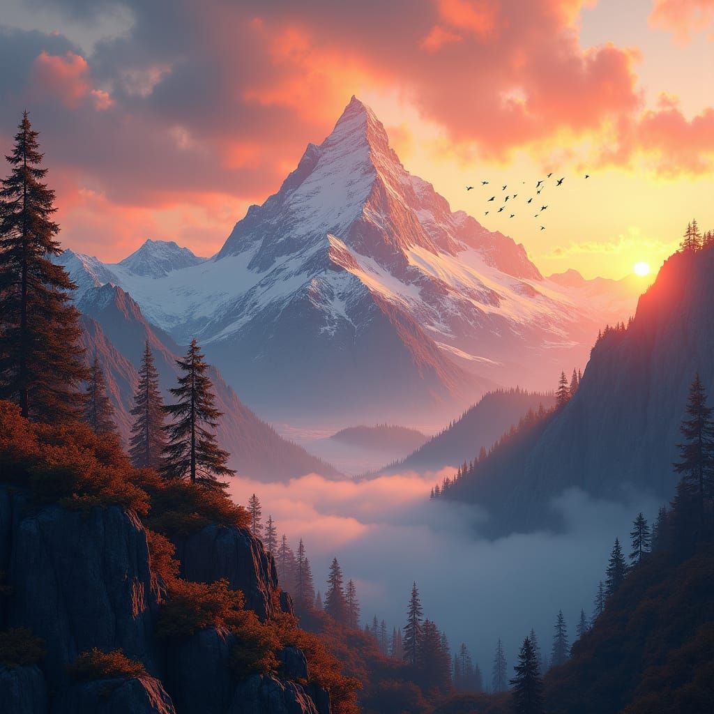 Majestic Mountain Range at Dusk in Matte Painting Style