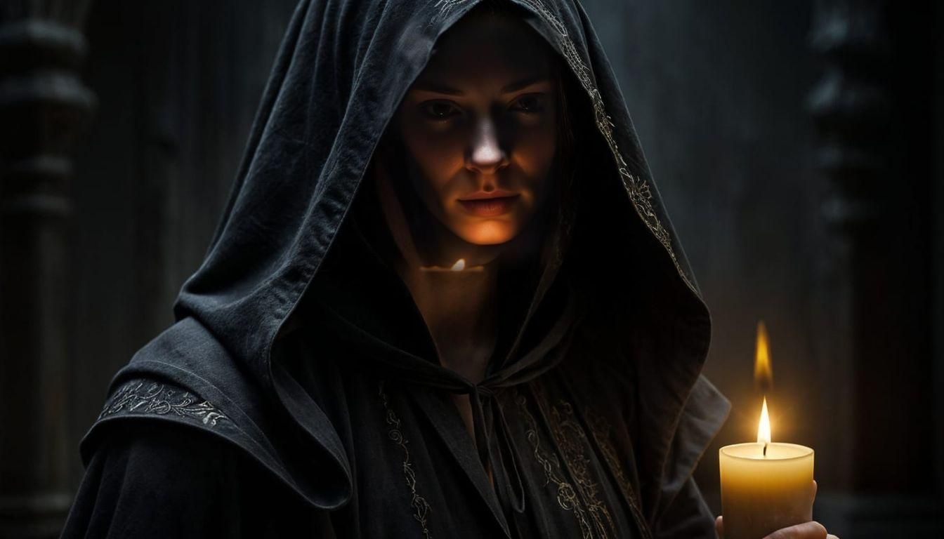 Candlelit Woman in Dark Robe: A Chiaroscuro Portrait