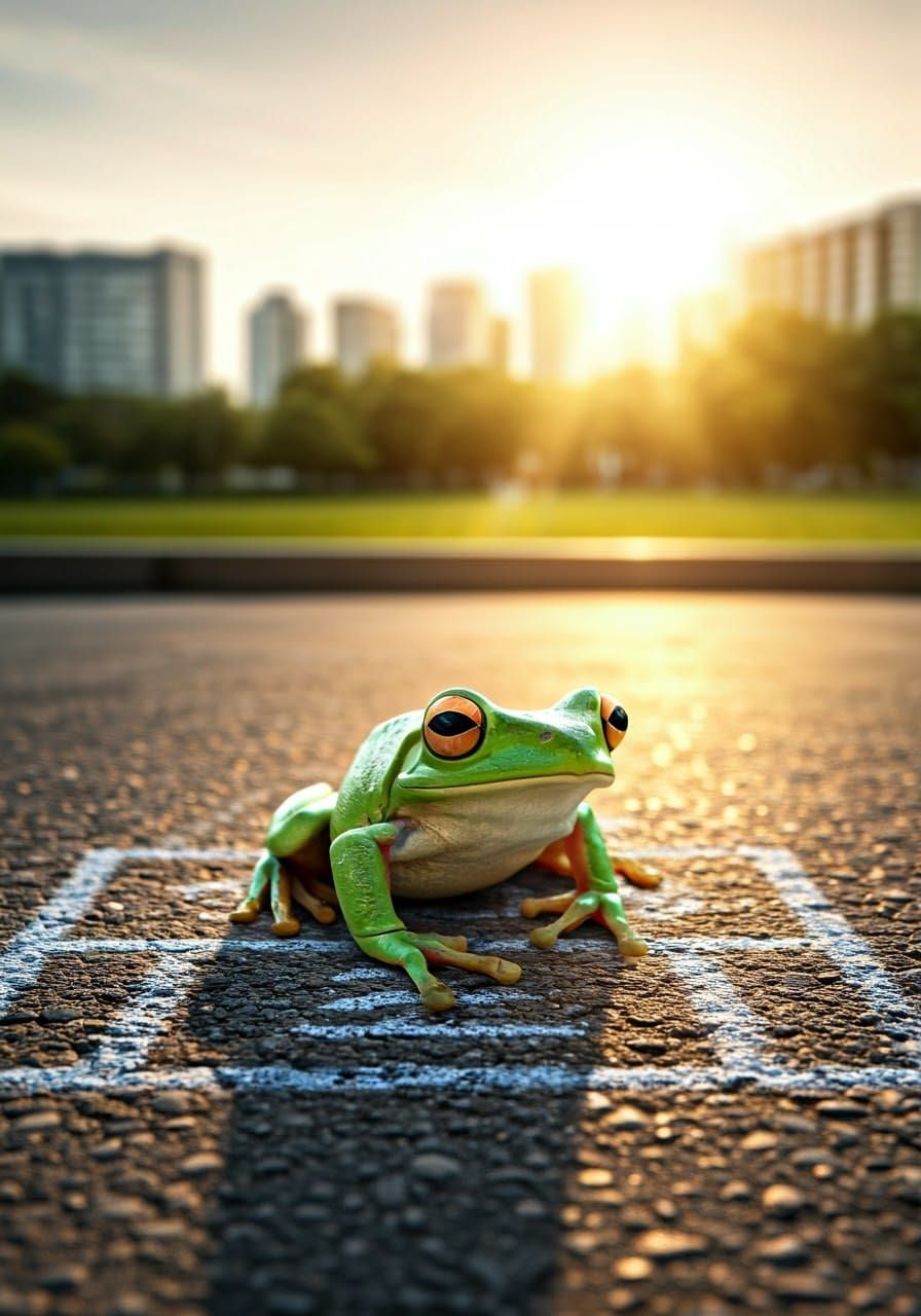 Frog on Hopscotch Court in Documentary Style