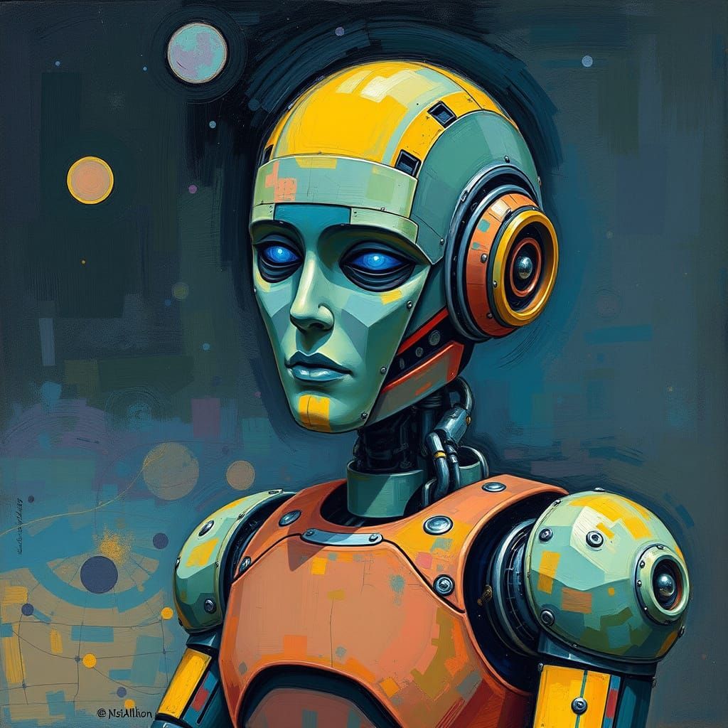 A Gilded Robot in Contemplation, Embodied by Shimmering Pail...