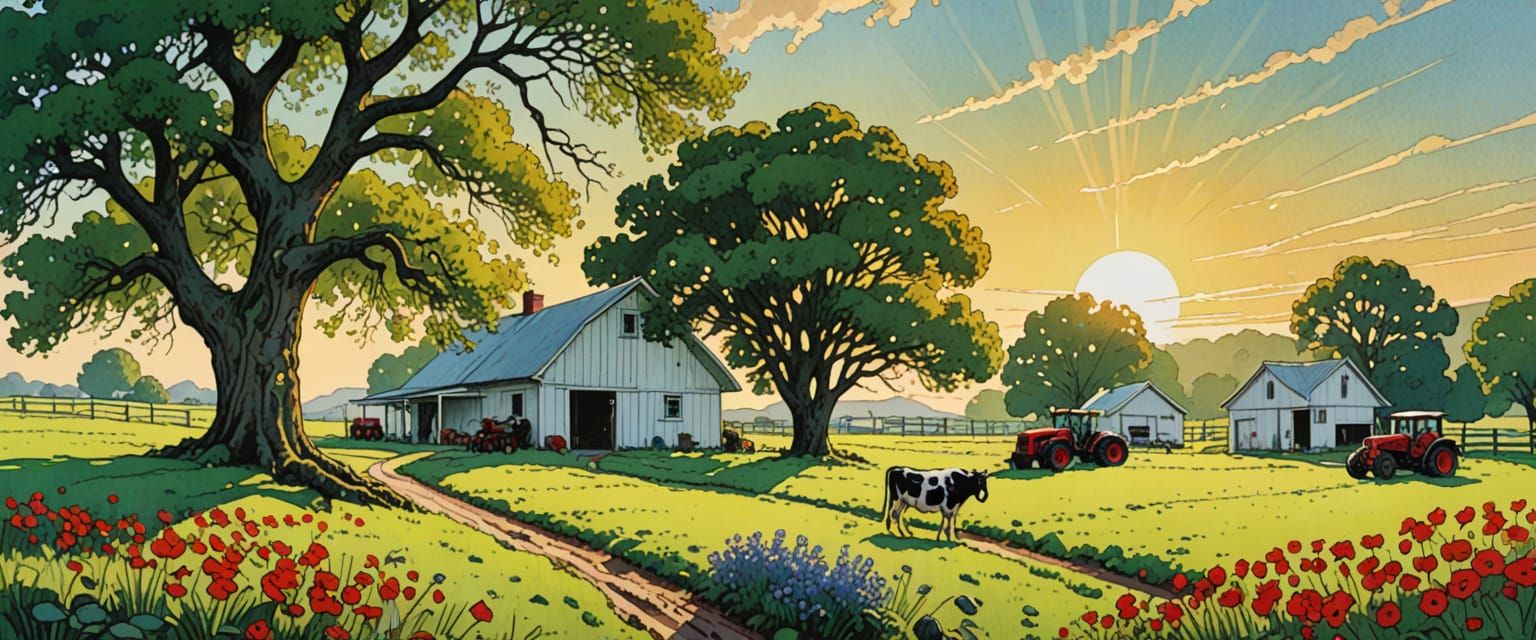 Farmers House and Barn with Animals and Tractor