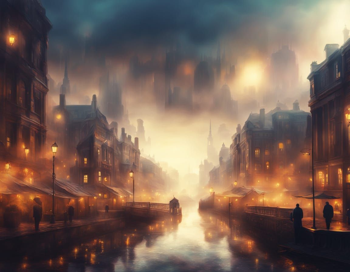 Surreal Cityscape Landscape Overlap in Vibrant Oil Painting ...