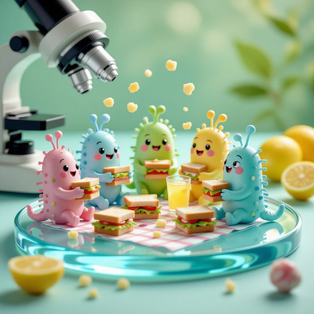 Whimsical Bacteria Picnic on Microscope Slide