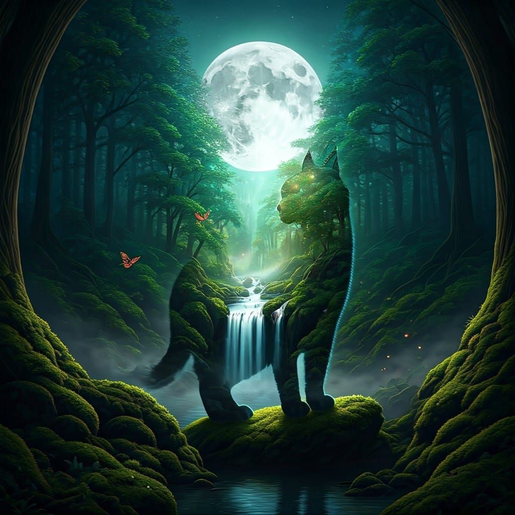 Mystical Cat: Forest Silhouette and Moonlit Waterfall
