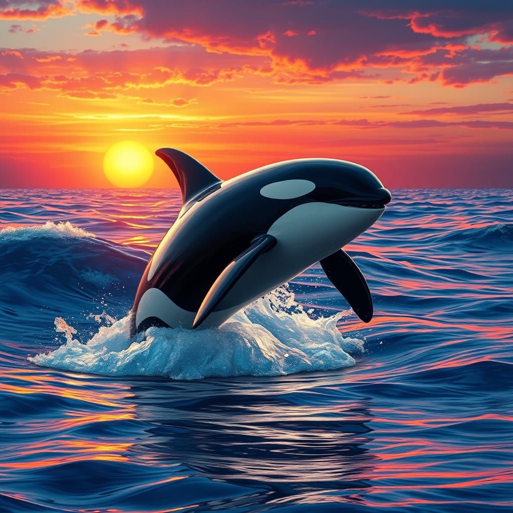 Majestic Orca in Vibrant Sunset Ocean Scene