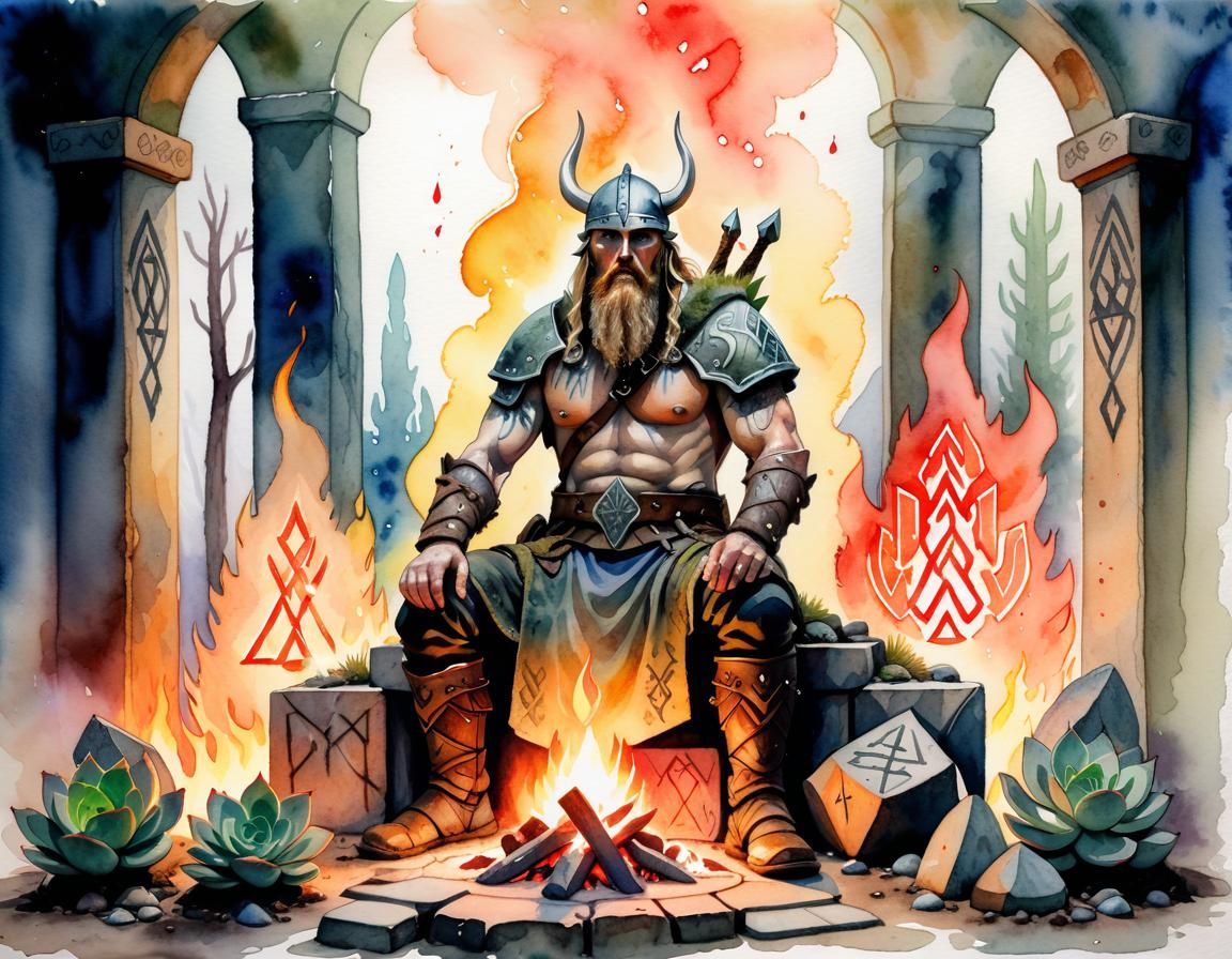 Viking Warrior with Runes in Watercolour Style