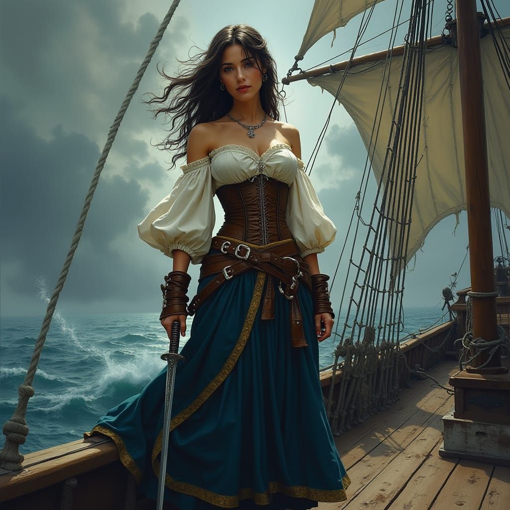 Majestic Pirate Woman in Stormy Seas