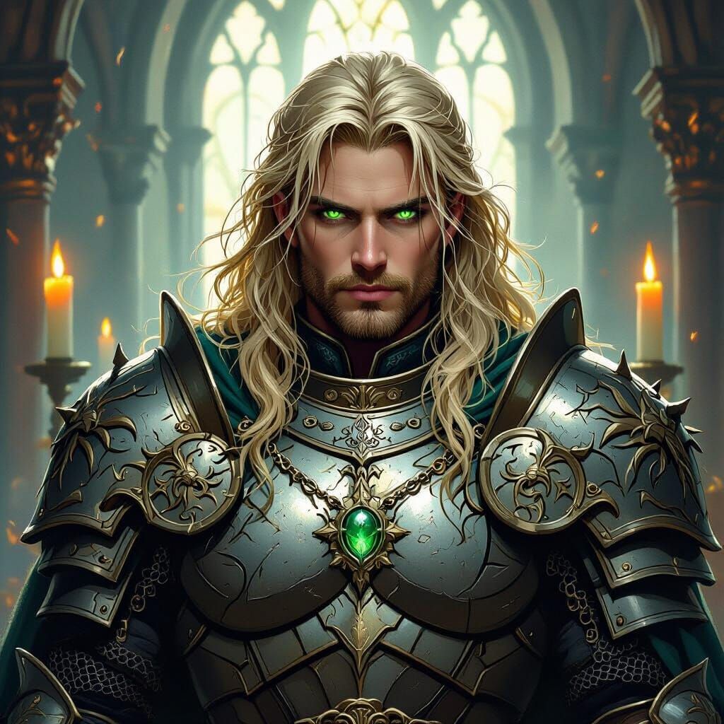 War Cleric in Ornate Armor, Mystical Chapel Backdrop