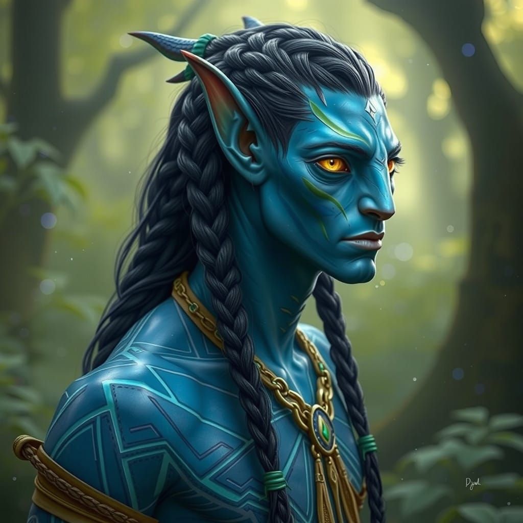 Tall Na'vi Warrior with Golden Eyes and Long Black Braid