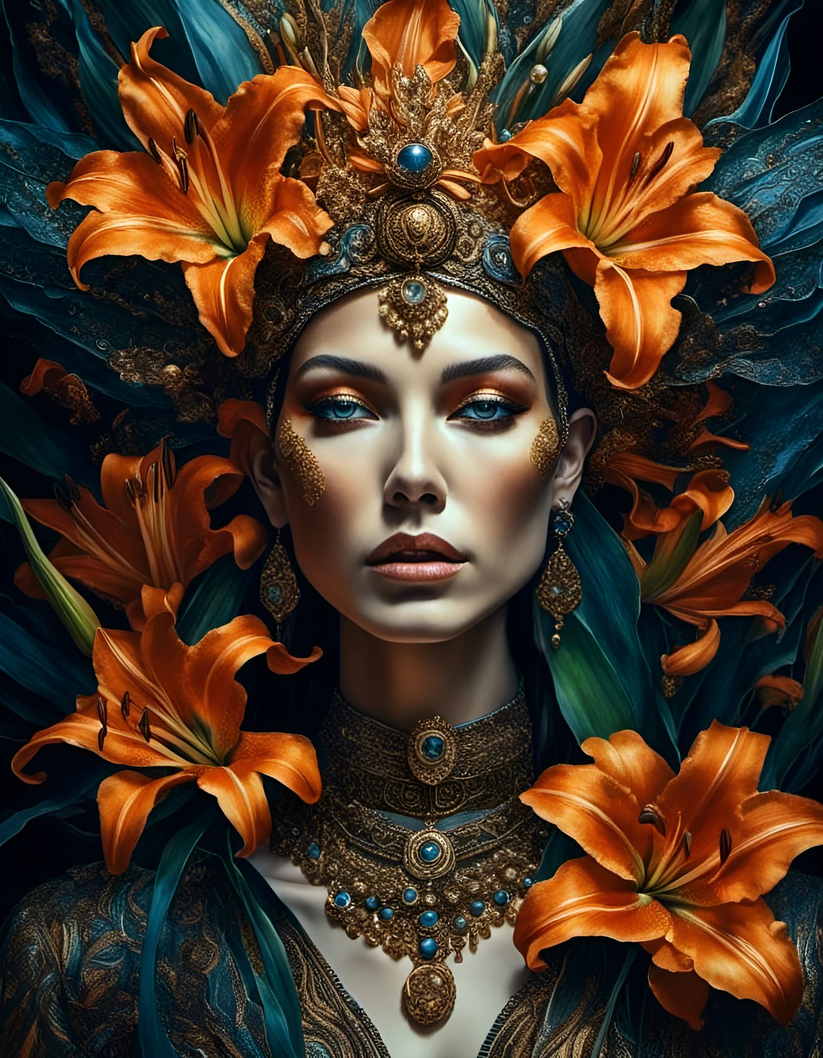 Lily Goddess Portrait in Watercolor and Metallic Ink