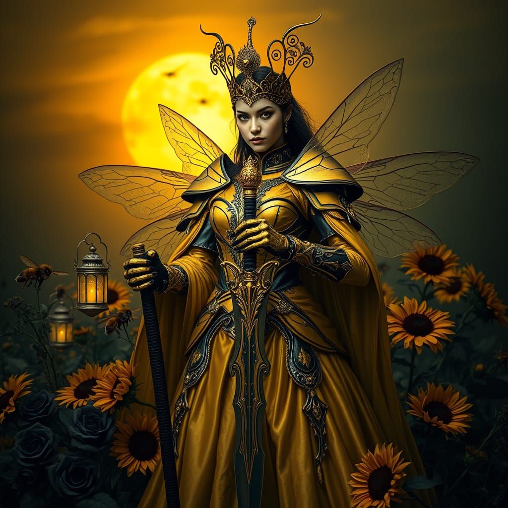 Regal Bumblebee Queen in Dark Fantasy Armor