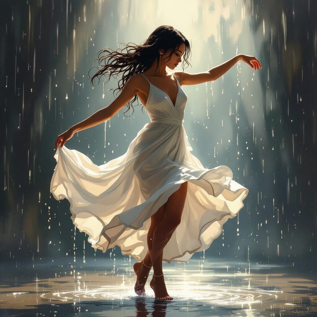 Dancing Woman in Rain: Digital Painting in Thorp Style
