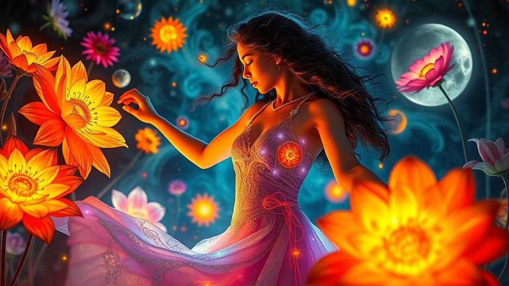 Ethereal Dreamscapes: Vibrant Flowers Dance with Celestial E...