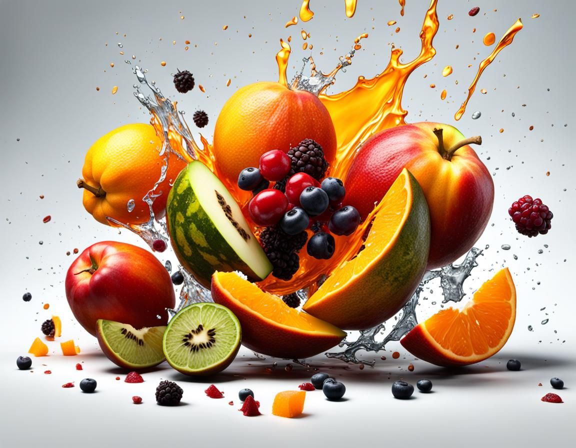 Exploded View of Squished Fruits in 8K