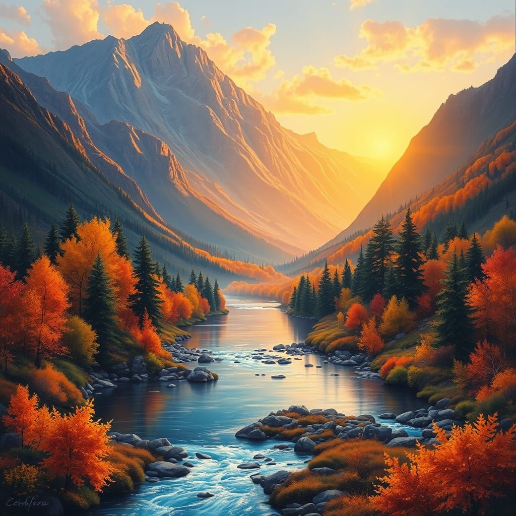 Warm Sunset Valley with Majestic Mountains and Gentle River