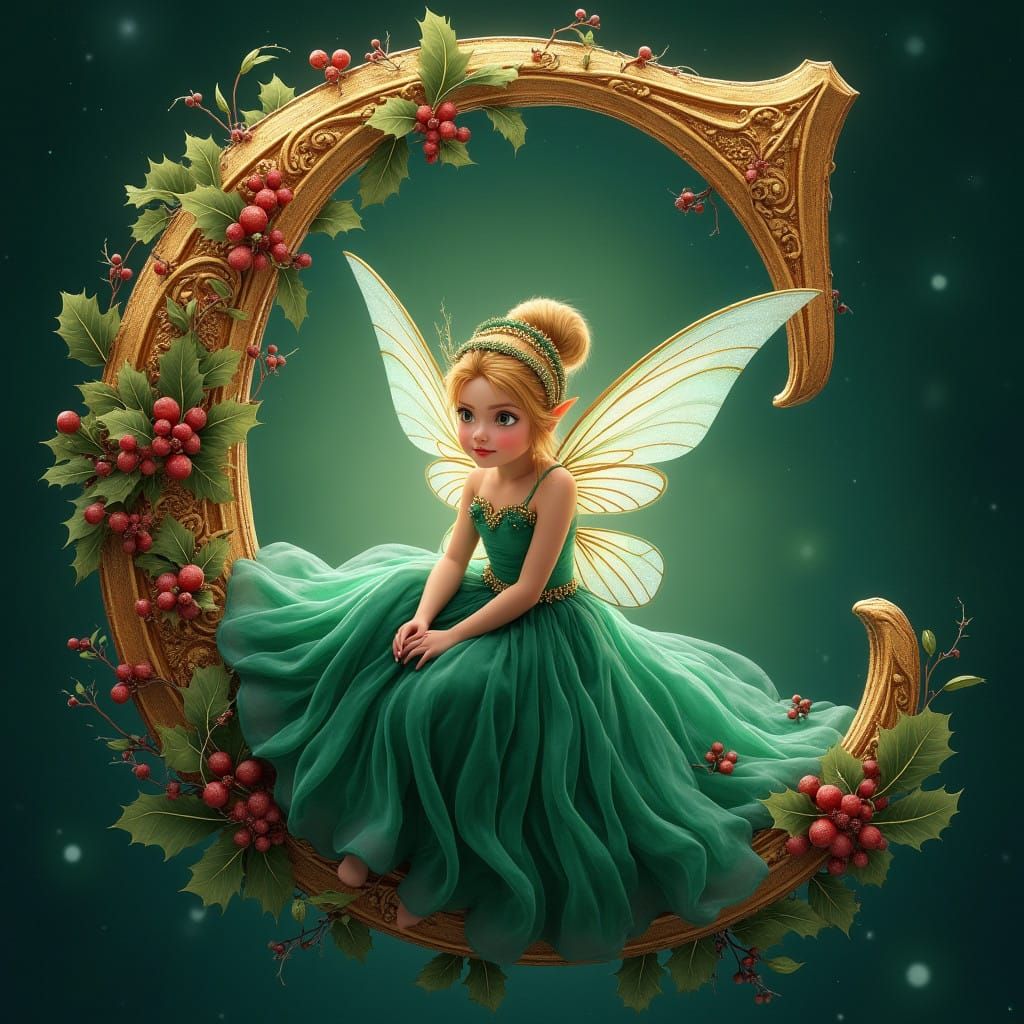 Whimsical Fairy in Majestic Letter C Oil Painting, Disney St...