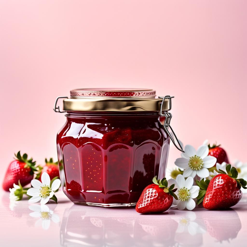 Strawberry Jam Jar with Flowers, Hyperrealistic Image
