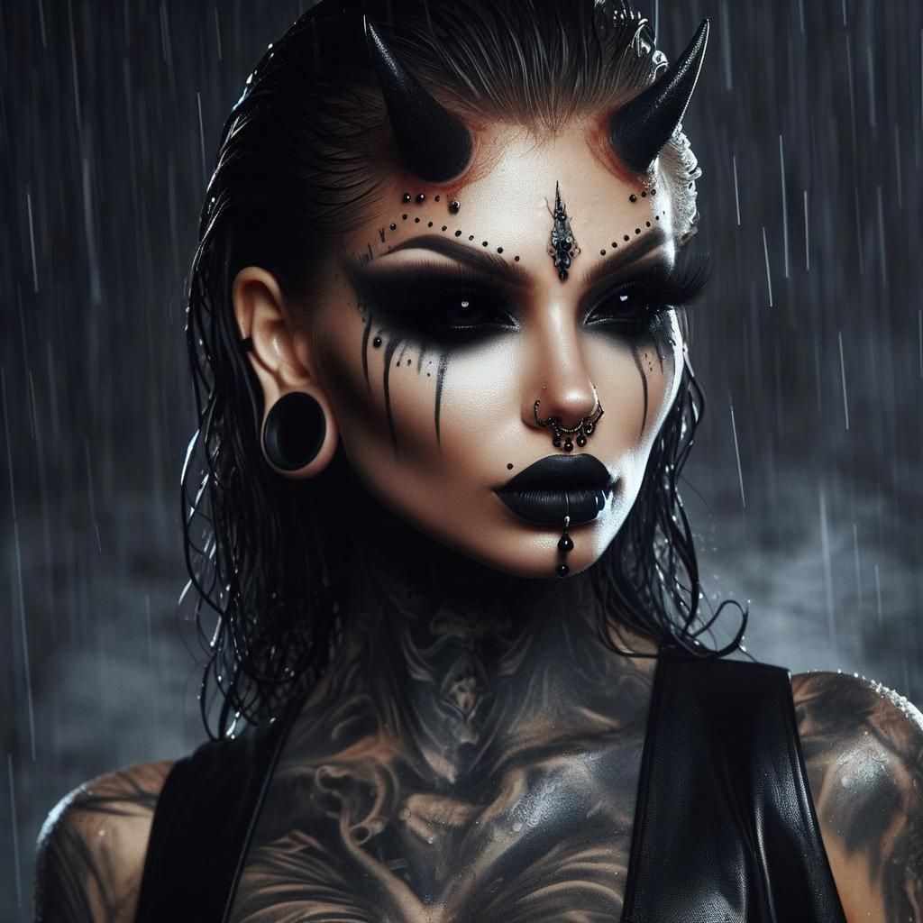 Photorealistic Portrait of a Beautiful Demoness in Rain