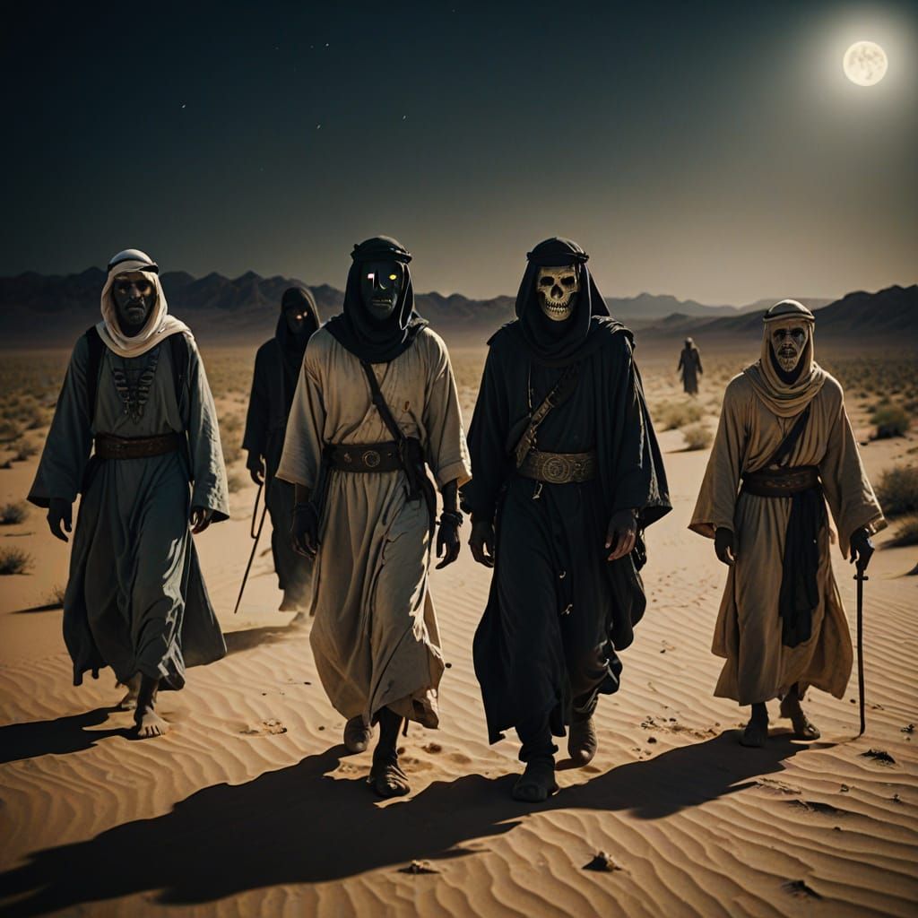 Arabic Ghouls as Undead Supervillains in Desert Moonlight