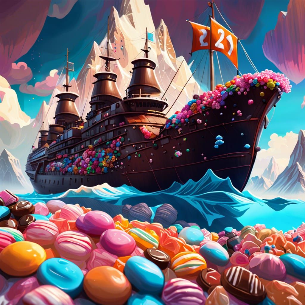 Candy Mountain Landscape with Chocolate Ship