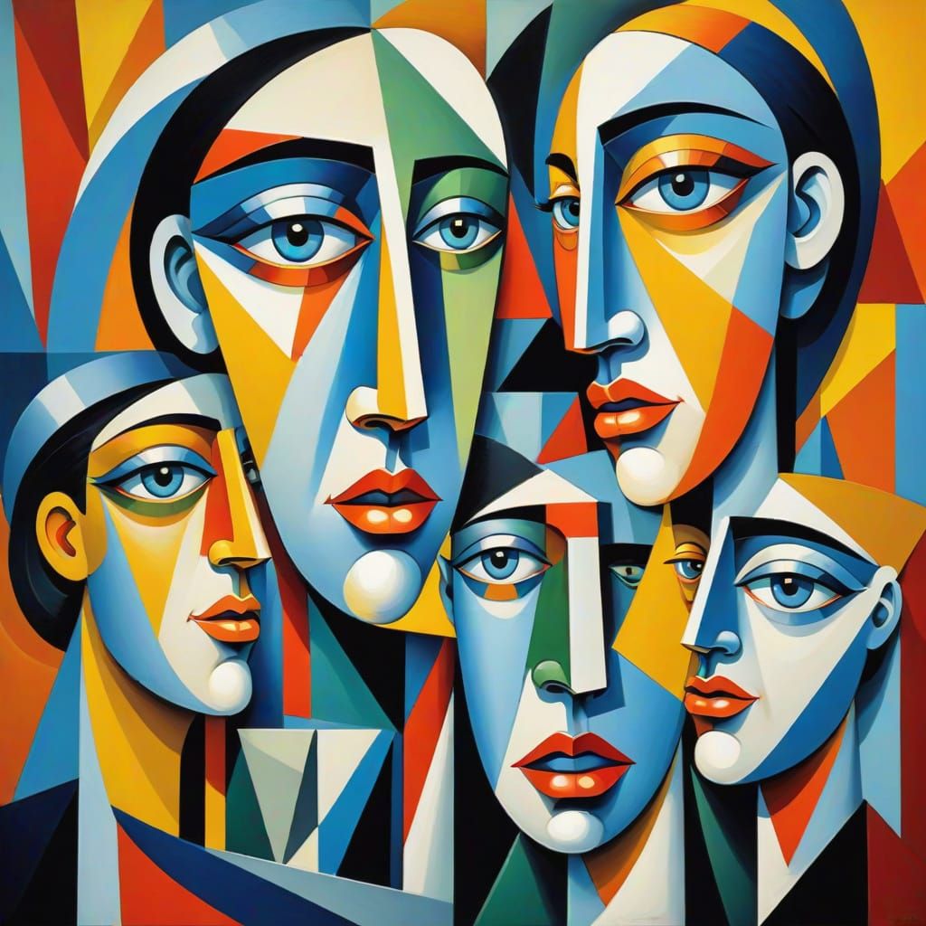 Whimsical Cubist Forest of Playful Faces
