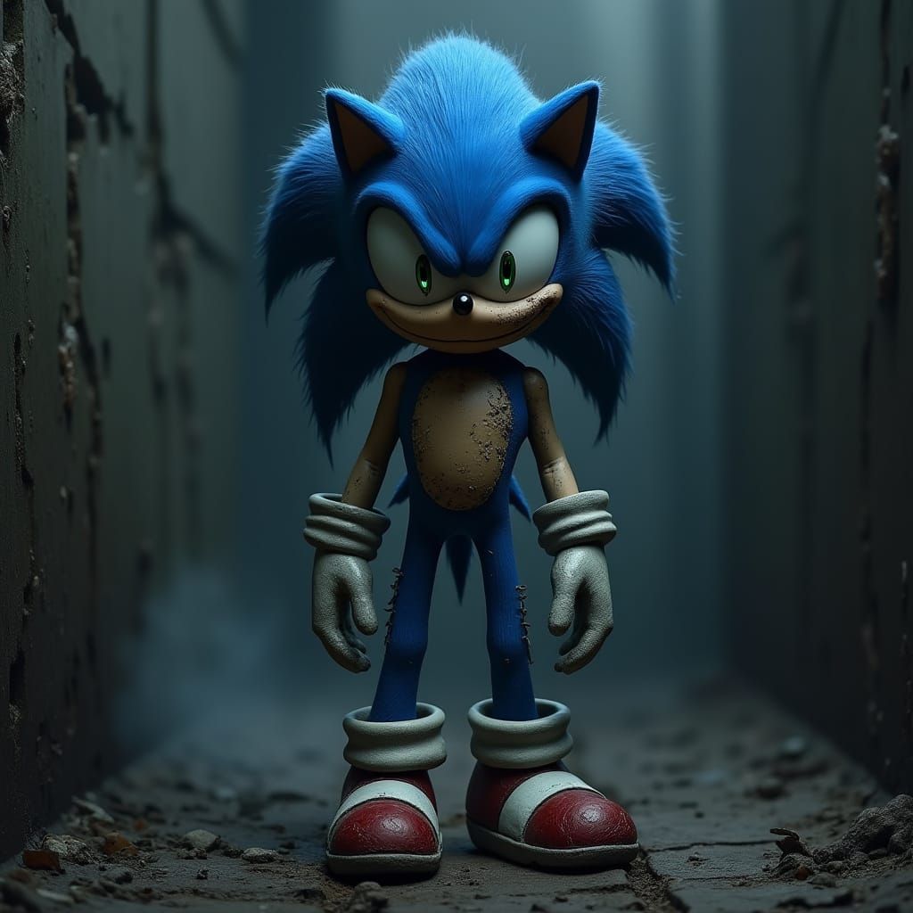 Ominous Sonic Doll in Eerie Setting