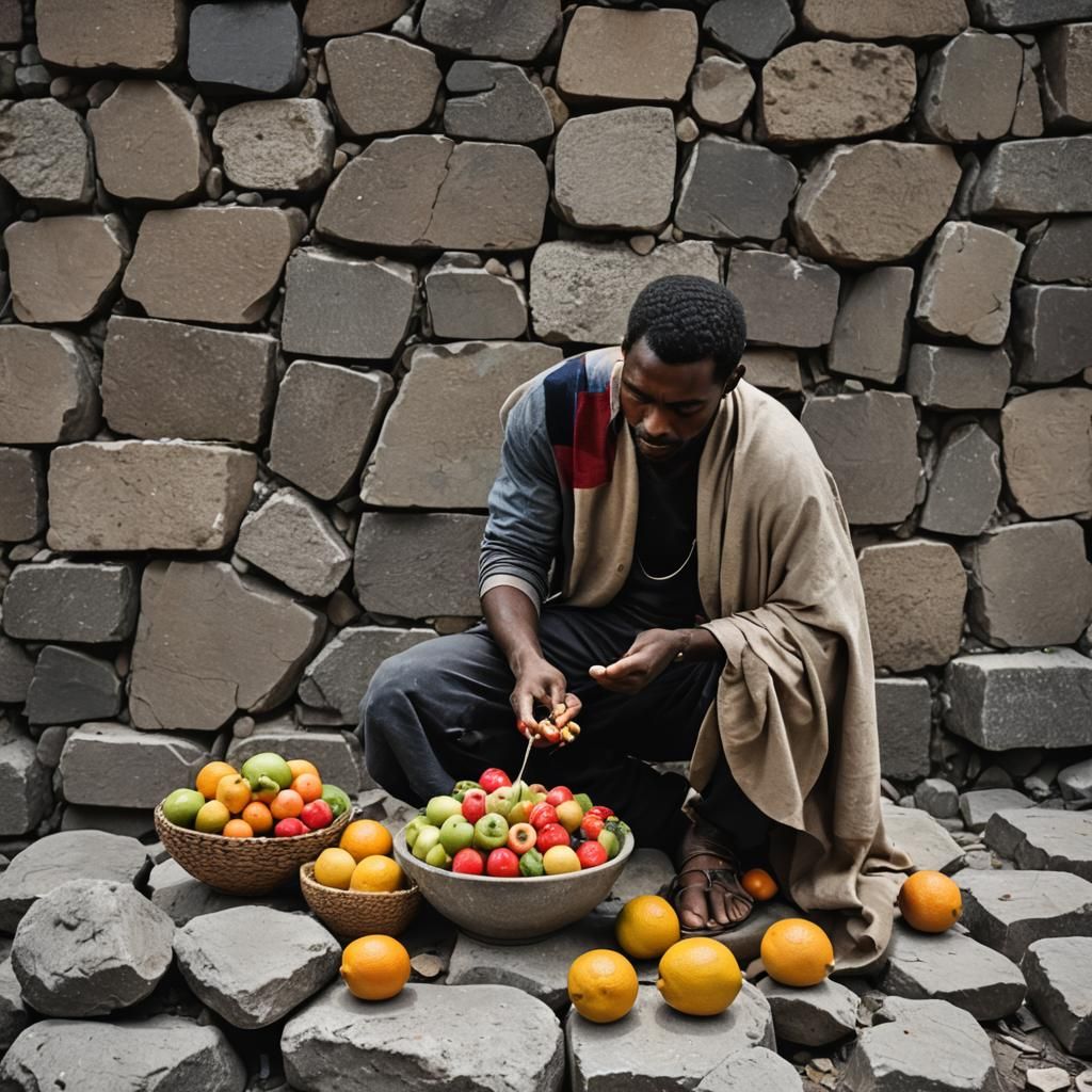 Man Presents Fruit Offering on Stone Altar
