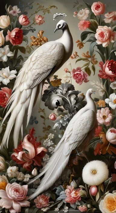 Elegant White Peacocks Amidst Vibrant Baroque Florals