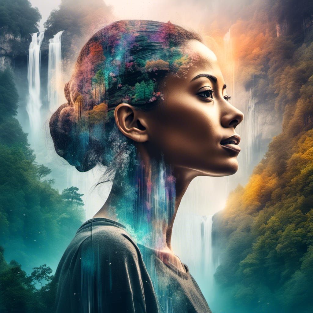 Double Exposure: Beautiful Woman and Waterfall Art