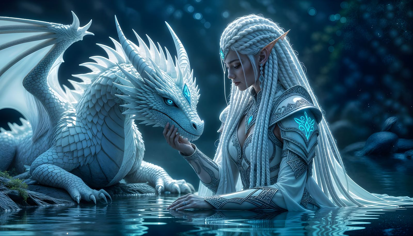 Elf Princess and Crystal Dragon by Moonlight