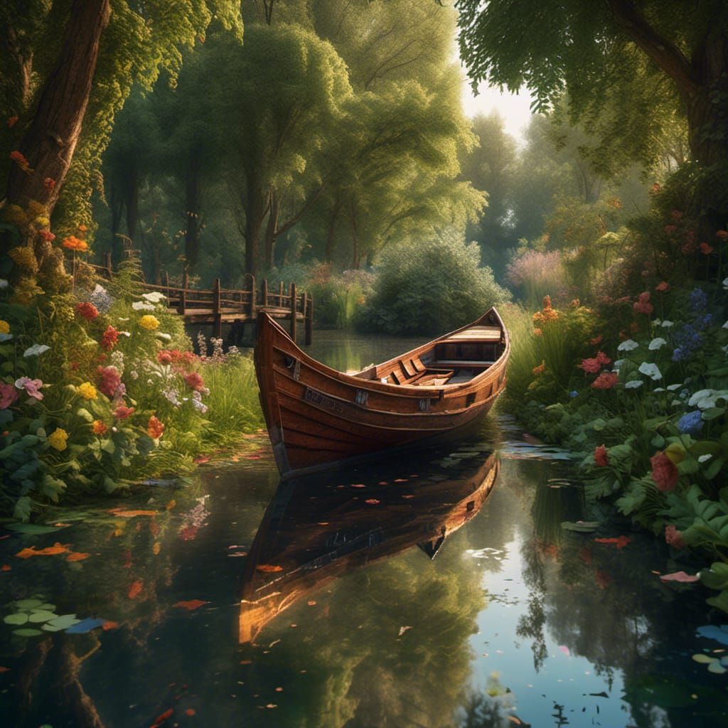 Hyperrealistic Spreewald River Scene with Wooden Boat