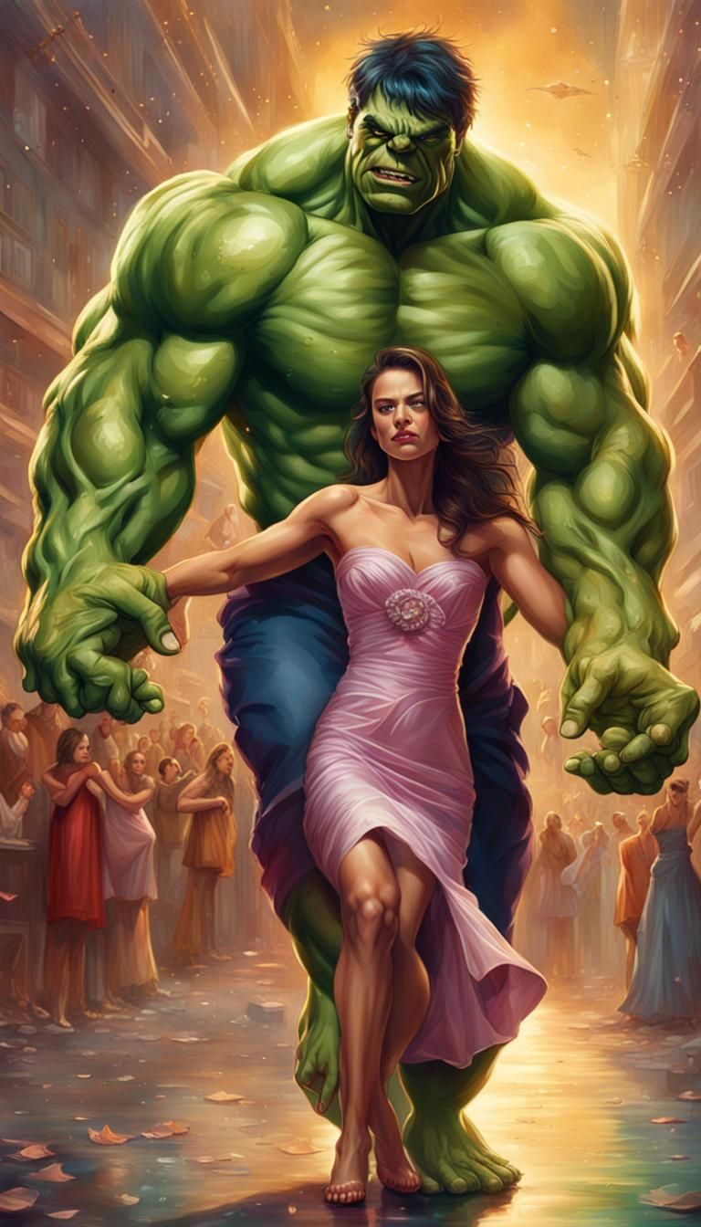 Hulk y su amada muy elegantes vestidos de gala bailan en una fiesta, intrincadamente detallado, hermosos, hiper realista