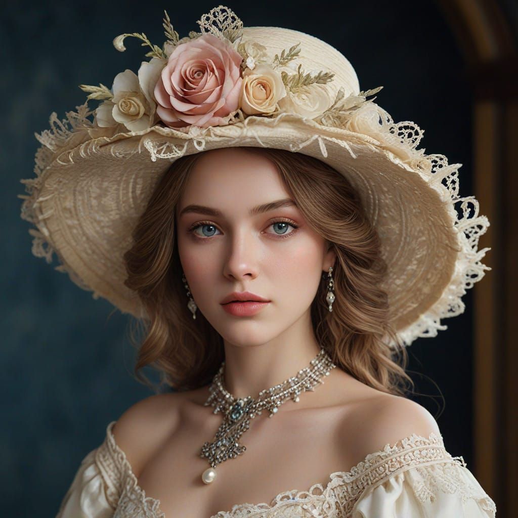 Ethereal Young Woman in Vintage-Inspired Gown with Ornate Ha...