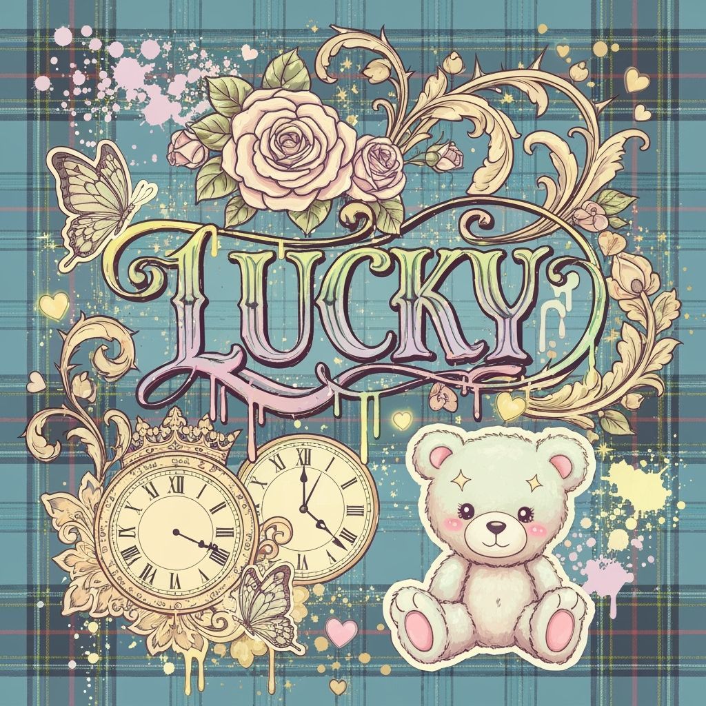 LUCKY Word Art with Gothic Roses and Teddy Bear