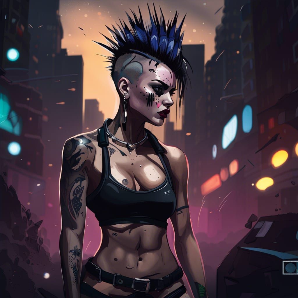 Punk Woman with Mohawk in City Night